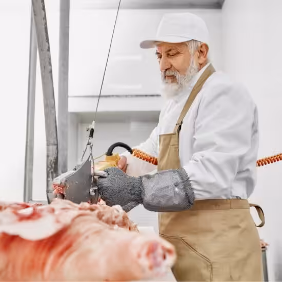 butcher in gloves cutting pork carcasses with elec 2023 11 27 05 23 16 utc 2