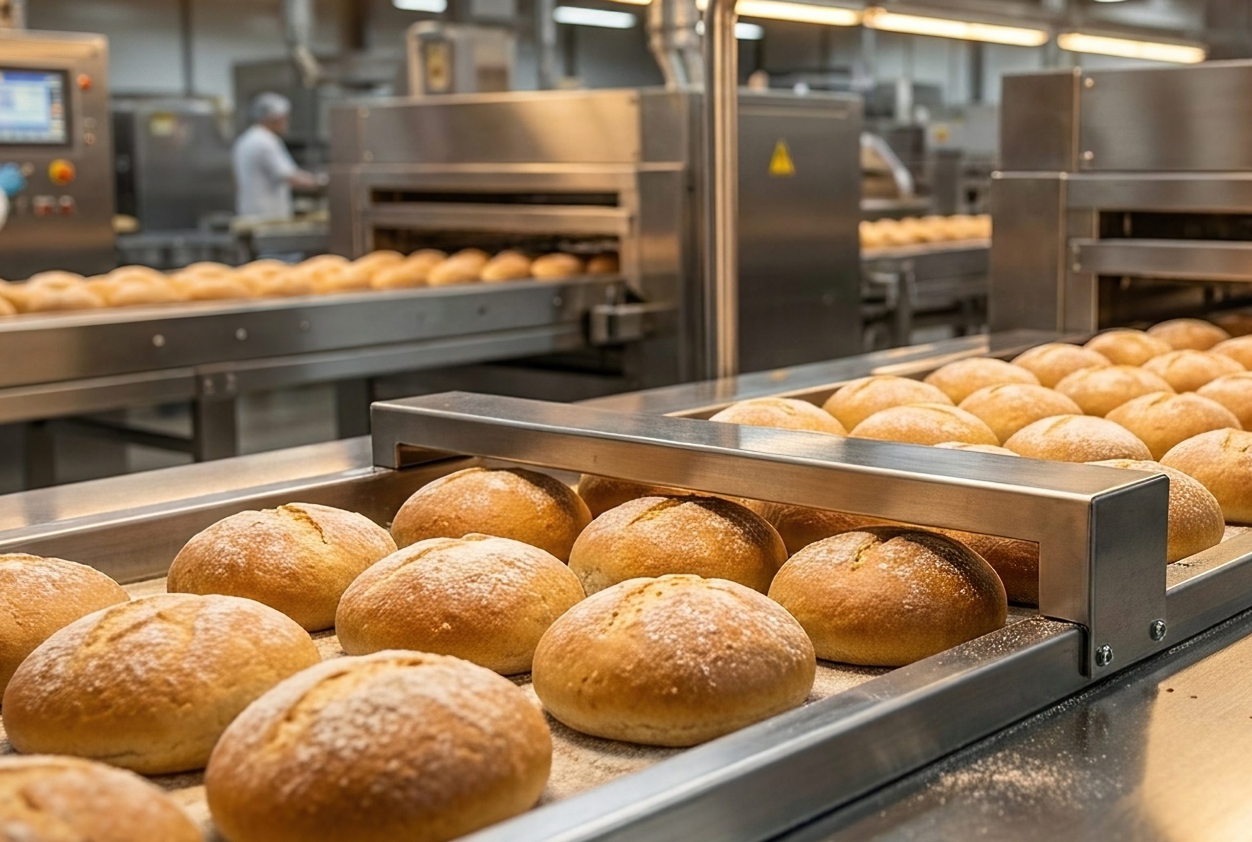 Golden bread rolls moving on industrial conveyor belt system.